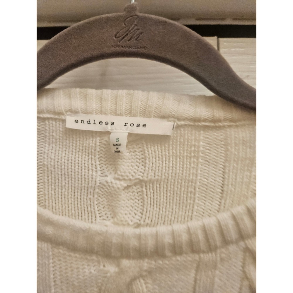 Endless Rose White Cable Knit Tiered Ruffle Sleeve Crewneck Sweater Small